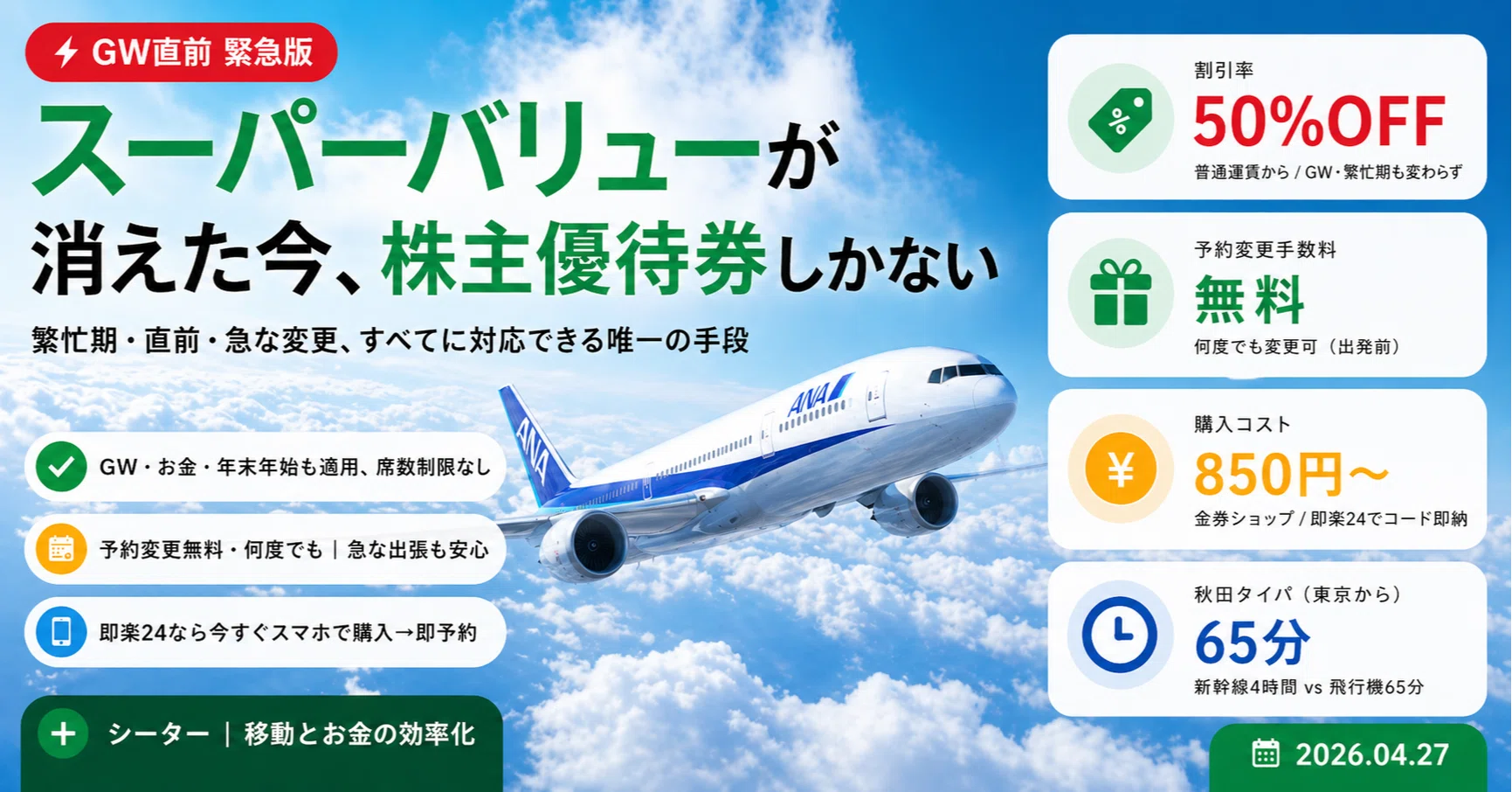 スーパーバリューが消えたGWに飛ぶ唯一の手段：ANA株主優待券を今日 