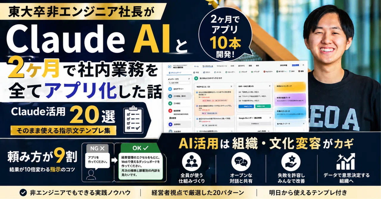 note記事「社長自ら2ヶ月で10個のアプリを開発。NEOが「エクセルを使わないAI組織」へ変容するまで」のサムネイル