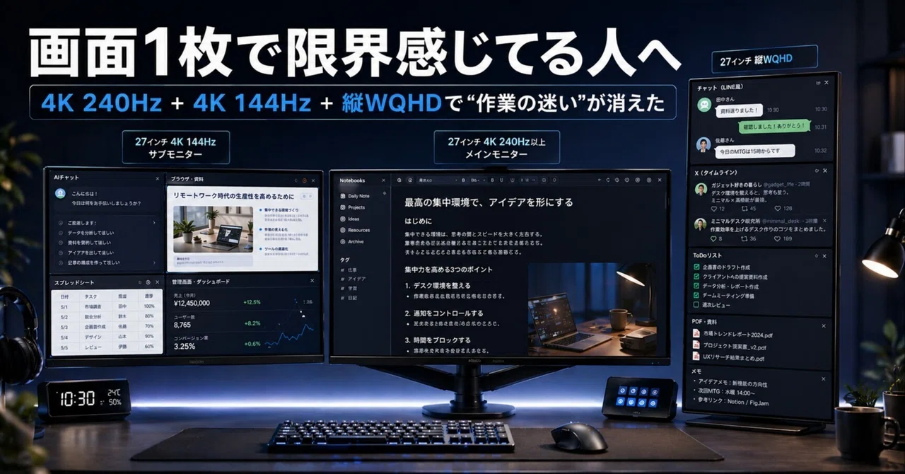 画面1枚で限界を感じている人へ。27インチ4K 240Hz＋4K 144Hz＋縦WQHD