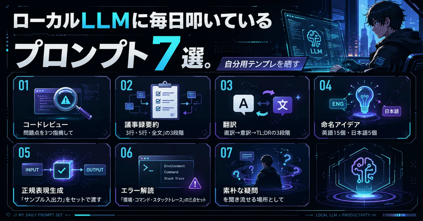 ローカルLLMに毎日叩いているプロンプト7選。自分用テンプレを晒す