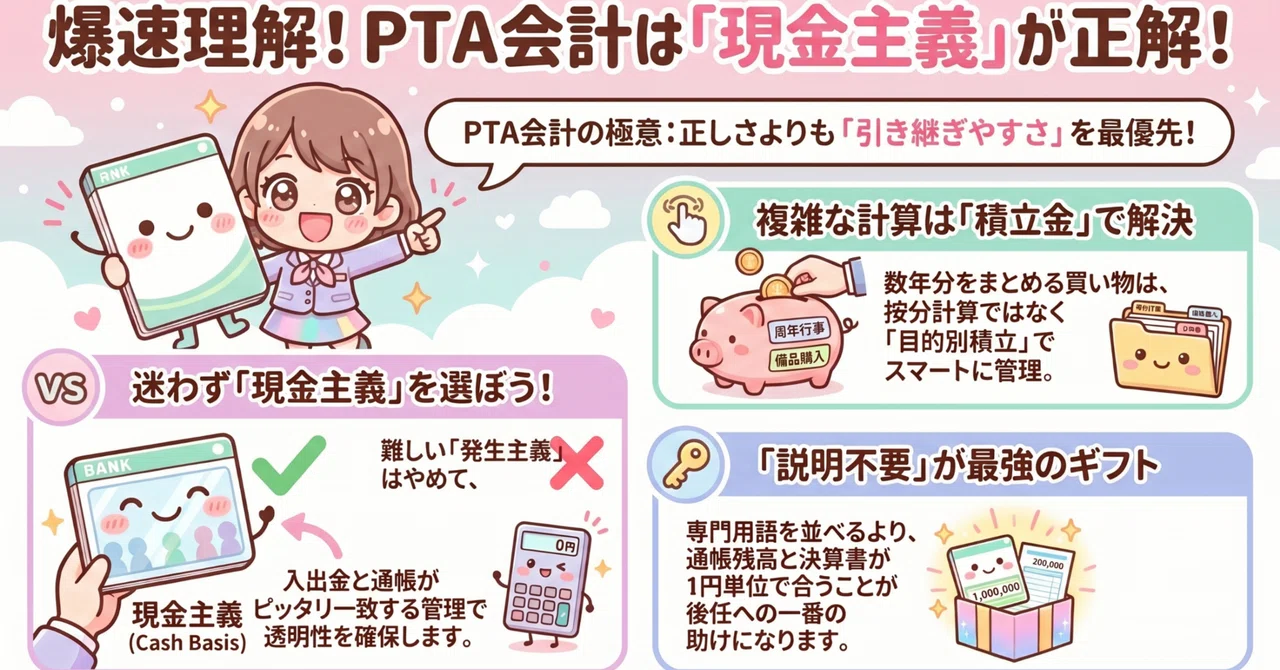PTA 会計の真実：発生主義は原則不要。現金主義と「説明不要の透明性」で続けられる組織へ｜行列のできるPTA