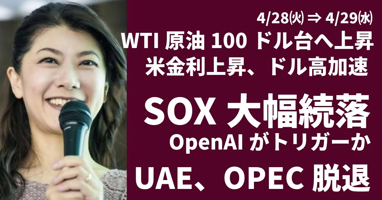 半導体株反落、OpenAIがトリガー？WTI原油価格再び100ドル台へ｜大橋ひろこ