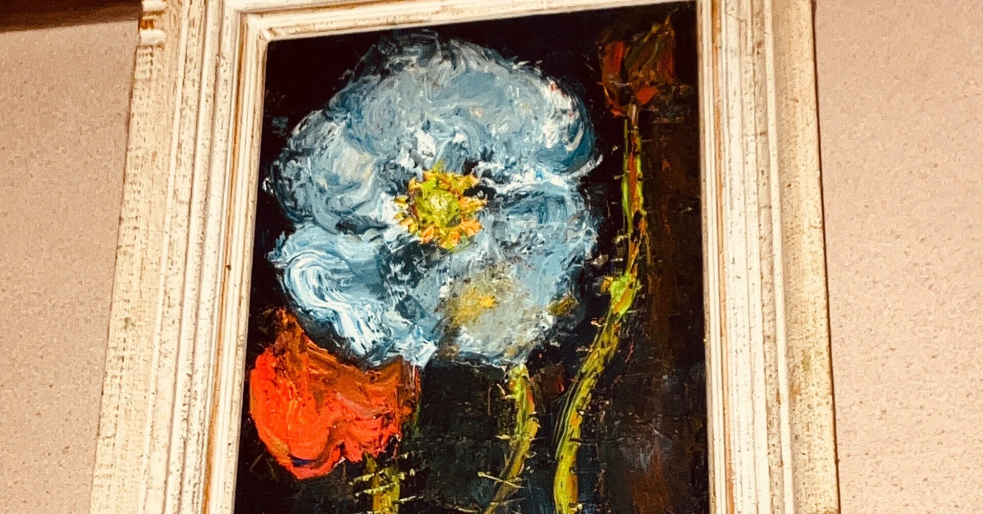 おれが描いた油絵！！ 手描き油絵】矢田 晃 青い海のﾃﾗｽ F6 画家本人手描き絵画/額入り 絵画