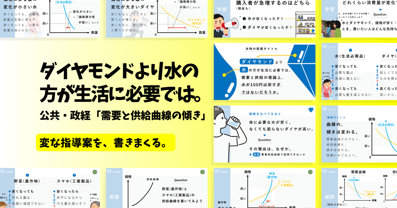 【公共・政経の指導案】需要と供給曲線の傾き×ダイヤモンドより水の方が生活に必要では。需要と供給の理論上、水が100円は安すぎではないだろうか。｜ゆとりんり