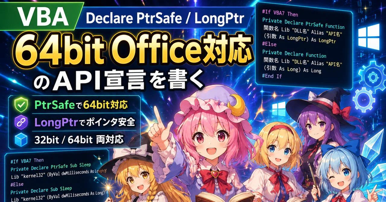 VBA｜VBA言語（基礎・設計）｜宣言・互換性（新規）｜Declare PtrSafe / LongPtr｜64bit Office対応の ...