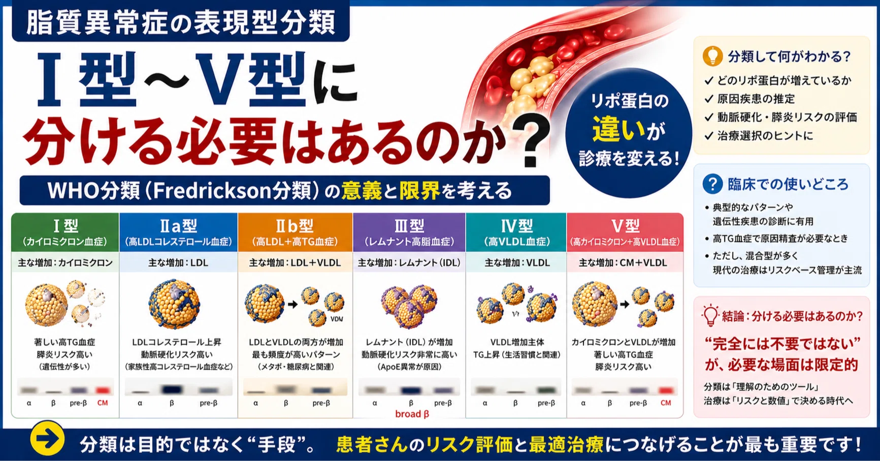 脂質異常症の表現型分類、いわゆるⅠ型～Ⅴ型に分ける必要が臨床上ある