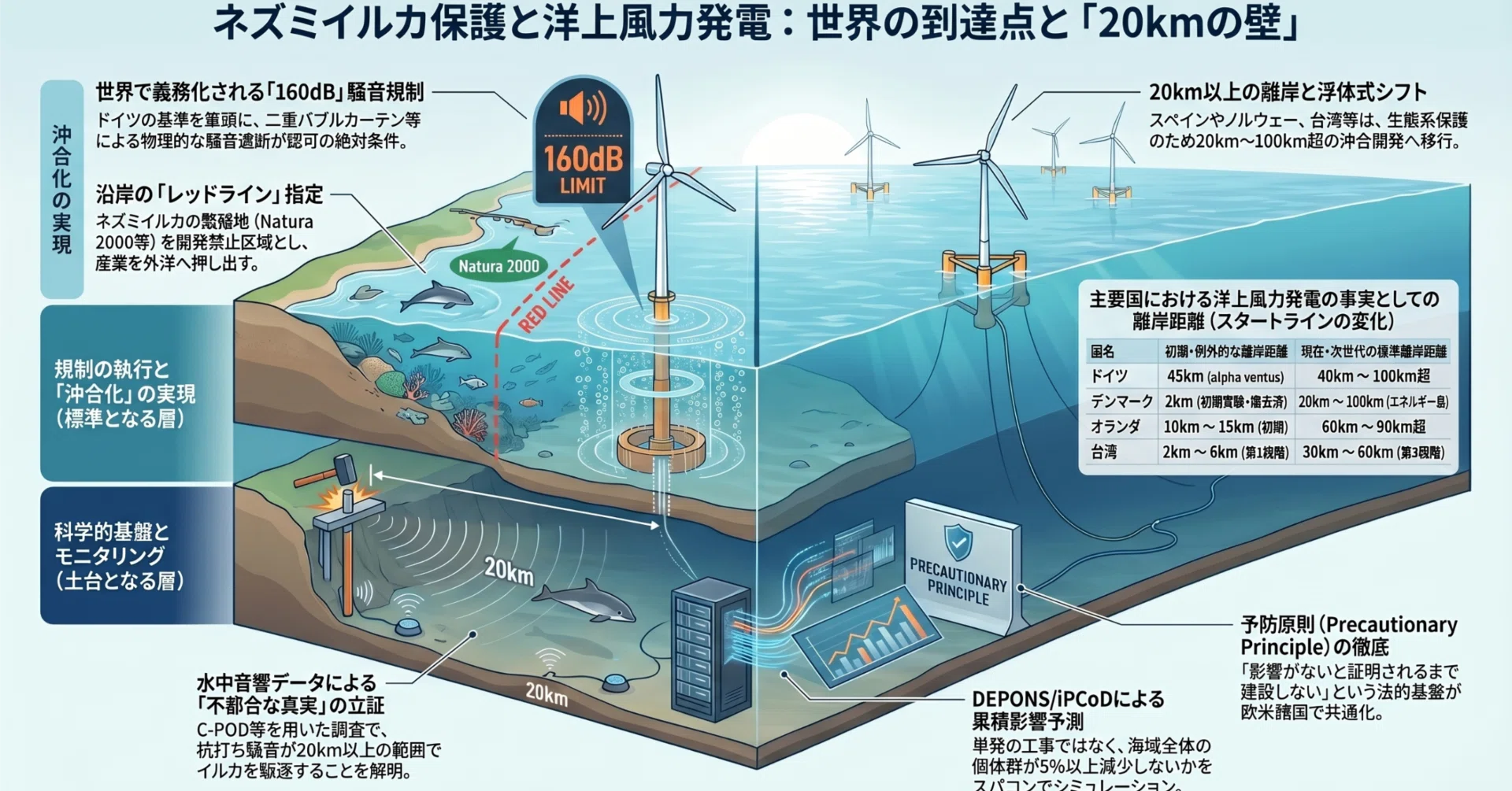 イルカを守るための世界の洋上風車の離岸距離設定とエコサイド（生態系