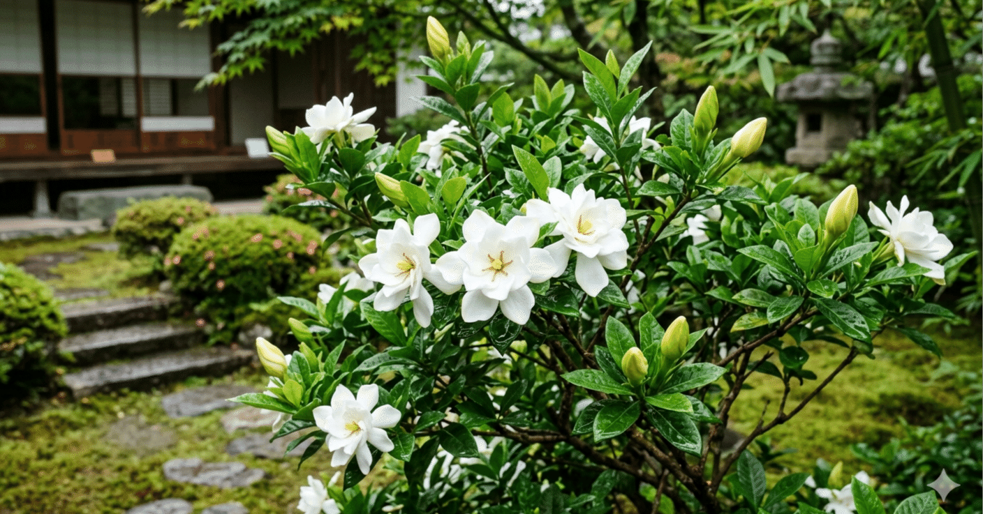 クチナシ（梔子）は、その濃厚で甘い香りと純白の花びらが魅力的な