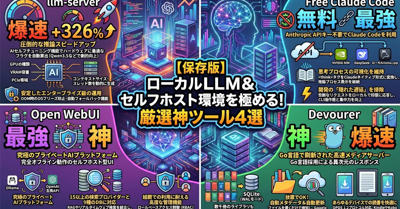 ローカルLLMを使っていくうえで良さそうなツールをまとめてみた。llm-server／Free Claude Code／Open WebUI ...