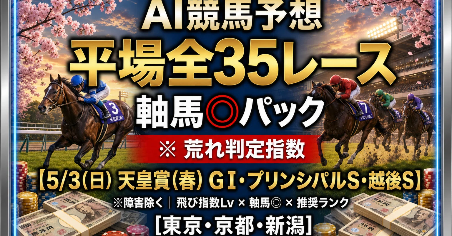 AI競馬予想 平場全35レース軸馬◎パック※荒れ判定指数【5/3(日)天皇賞