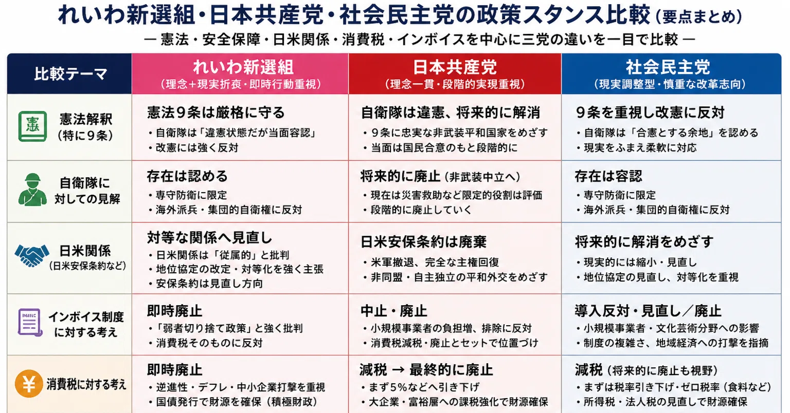 れいわ新選組、共産党、社民党の①憲法解釈②自衛隊に対しての見解③日