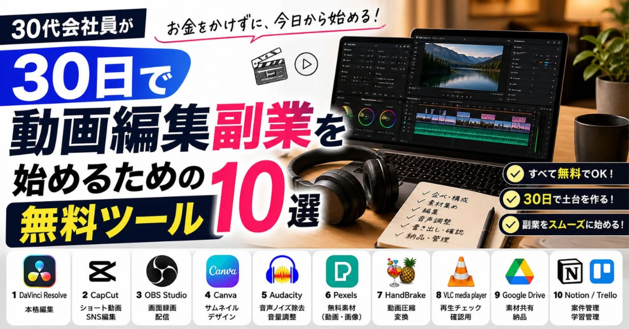 30代会社員が30日で動画編集副業を始めるための無料ツール10選｜バーディ
