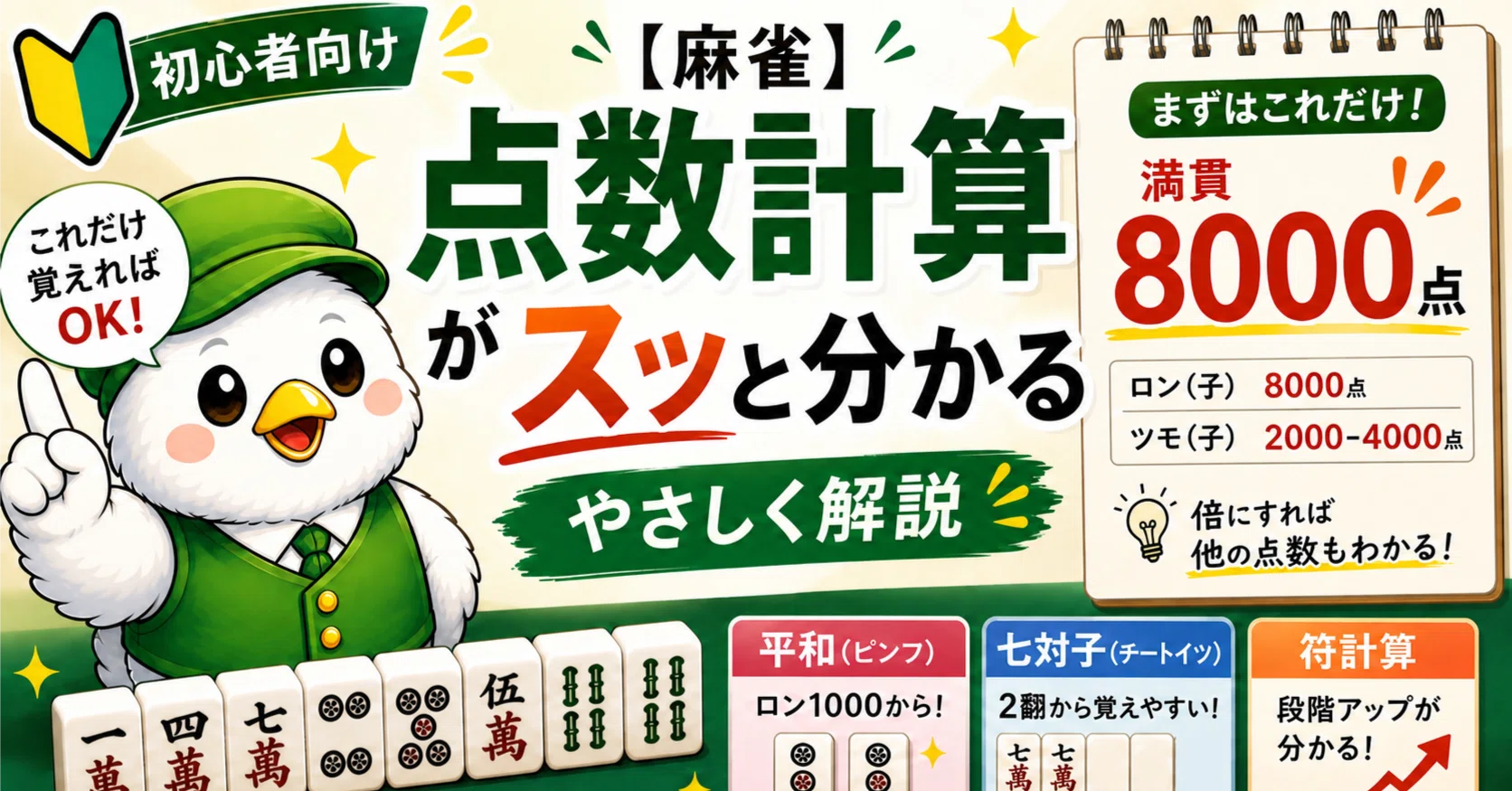 おまとめ6点→7点 麻雀】初心者向け｜点数計算の覚え方｜平和・七対子・符計算をやさしく