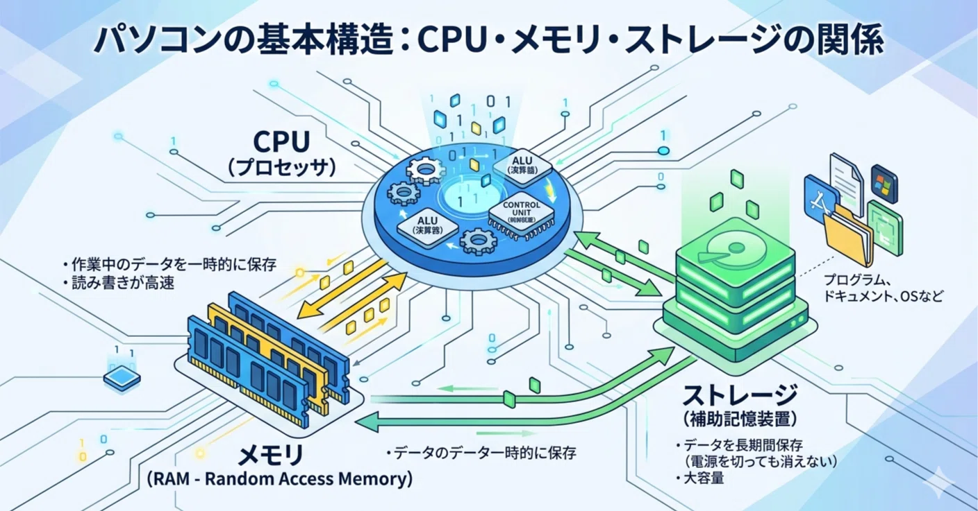 パソコンの基本「CPU、メモリ、ストレージ」を理解する｜E猫｜AI 