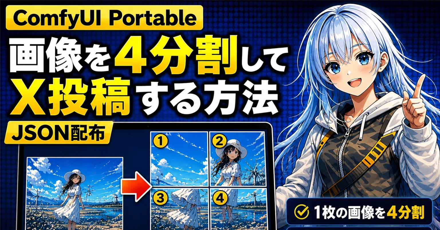 ComfyUI Portable】画像を4分割してX投稿する方法（分割WF＋アップ