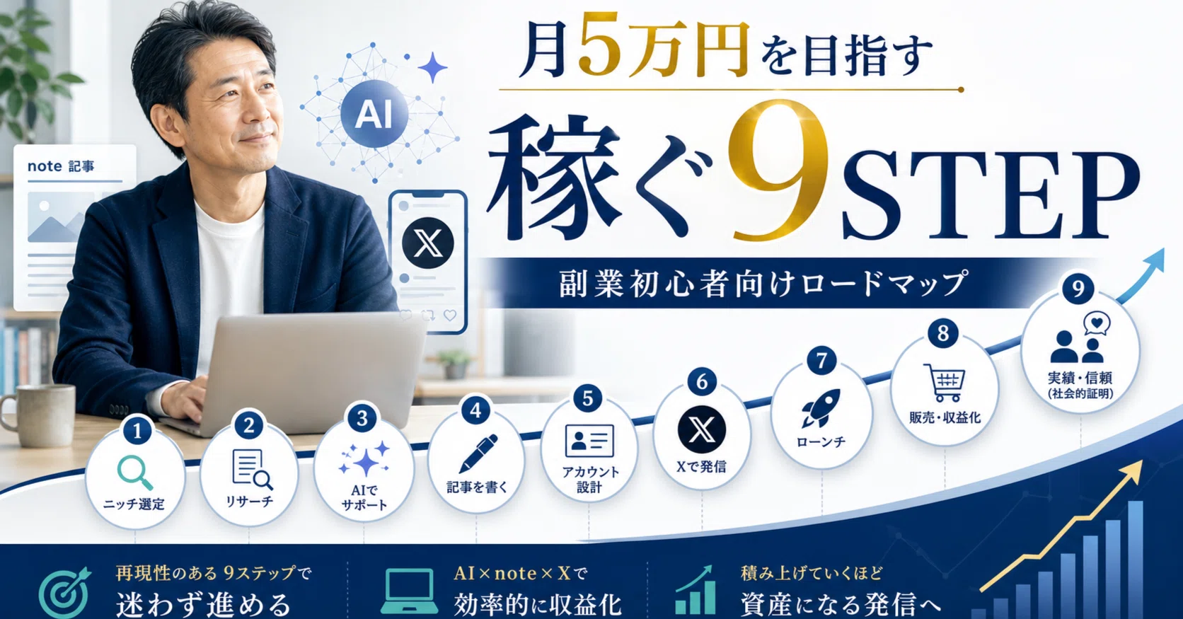 成功者に倣う。副業初心者が月5万円を目指すための「稼ぐ9STEP」｜い