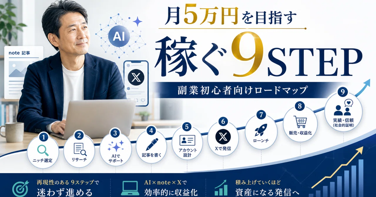 成功者に倣う。副業初心者が月5万円を目指すための「稼ぐ9STEP」｜いしたか｜50代AI人生ナビ