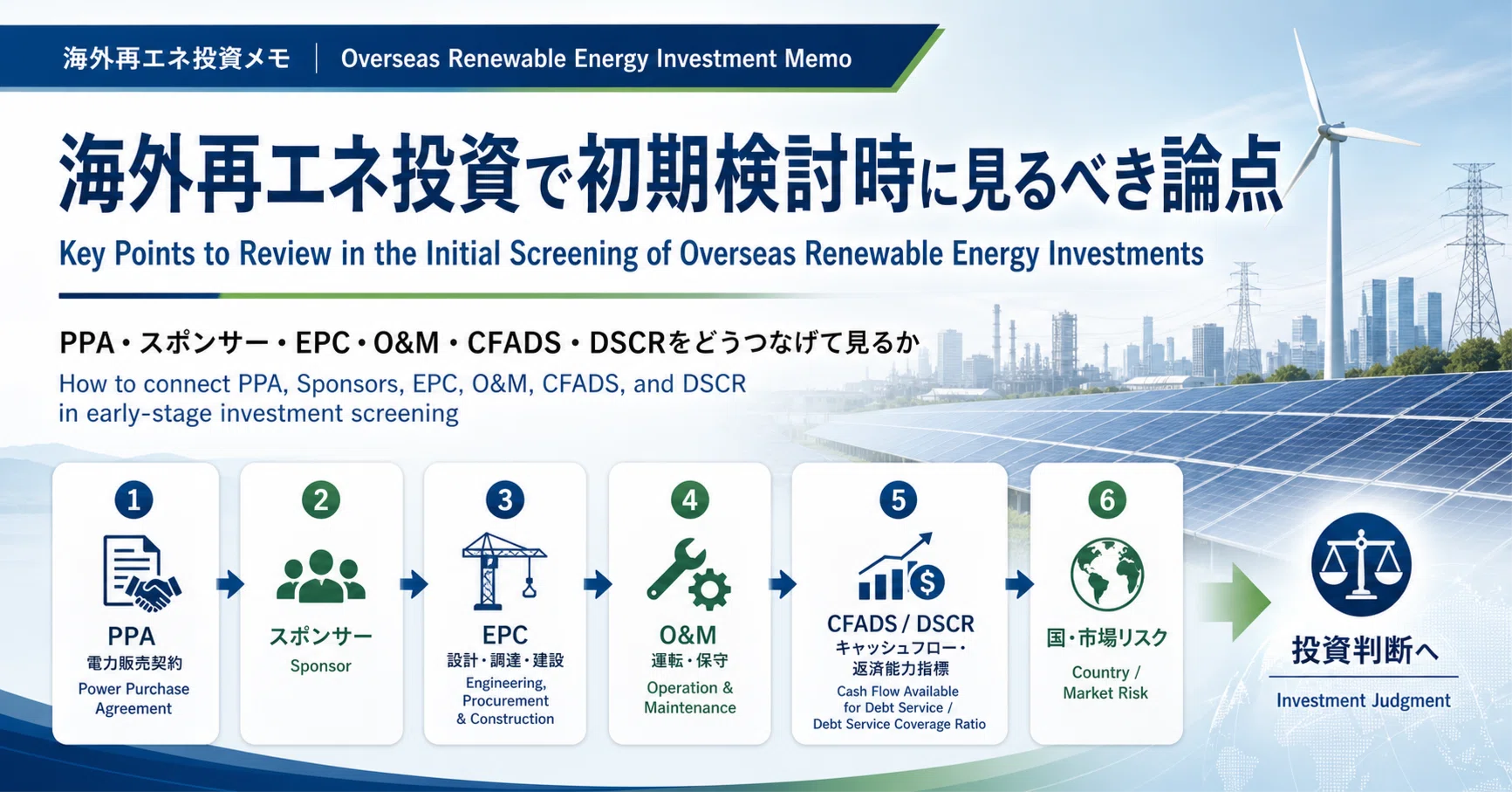 海外再エネ投資で初期検討時に見るべき論点：PPA、スポンサー、EPC 