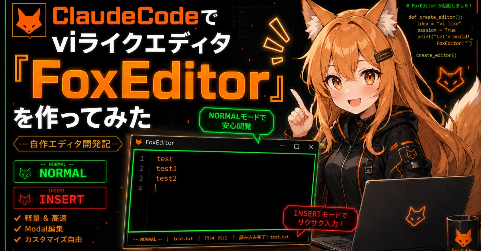 コード付]ClaudeCodeでviライクエディタ「FoxEditor」を作ってみた#1