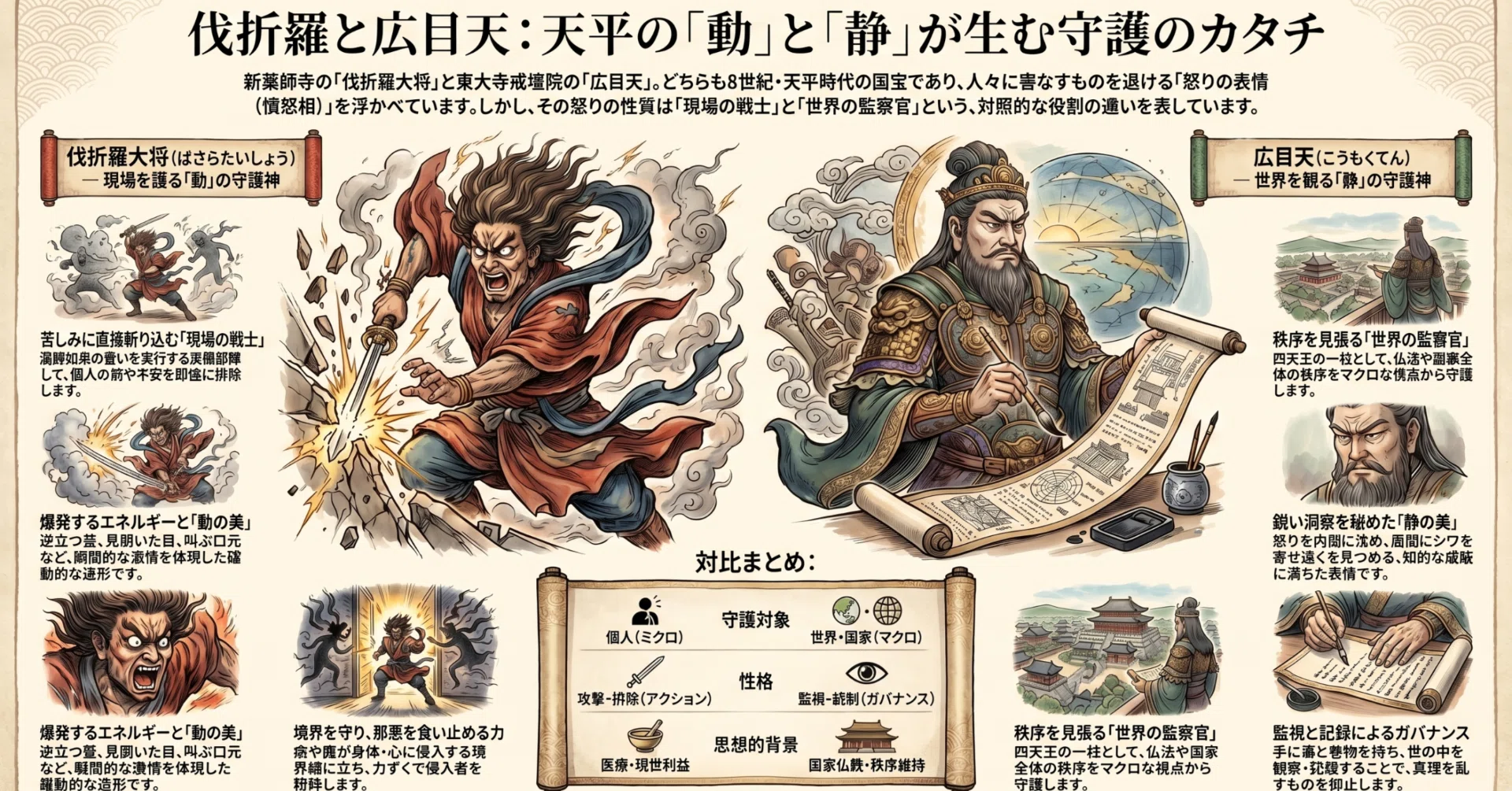 天平の「動」と「静」：伐折羅大将と広目天に学ぶ、救済の機能と秩序の