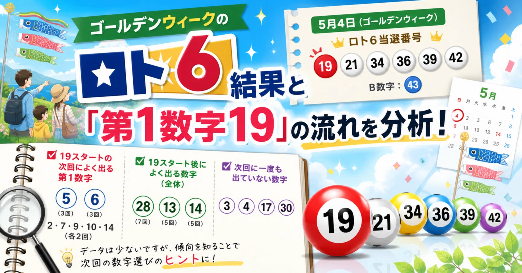 ゴールデンウィークのロト6結果と「第1数字19」の流れを分析｜うまさく