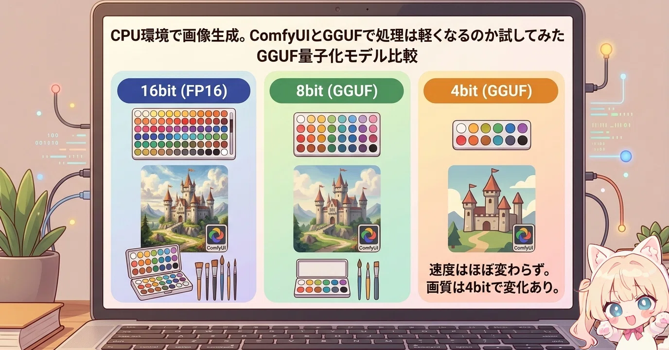 CPU環境のノートPCで画像生成。ComfyUIとGGUFで処理は軽くなるのか試し