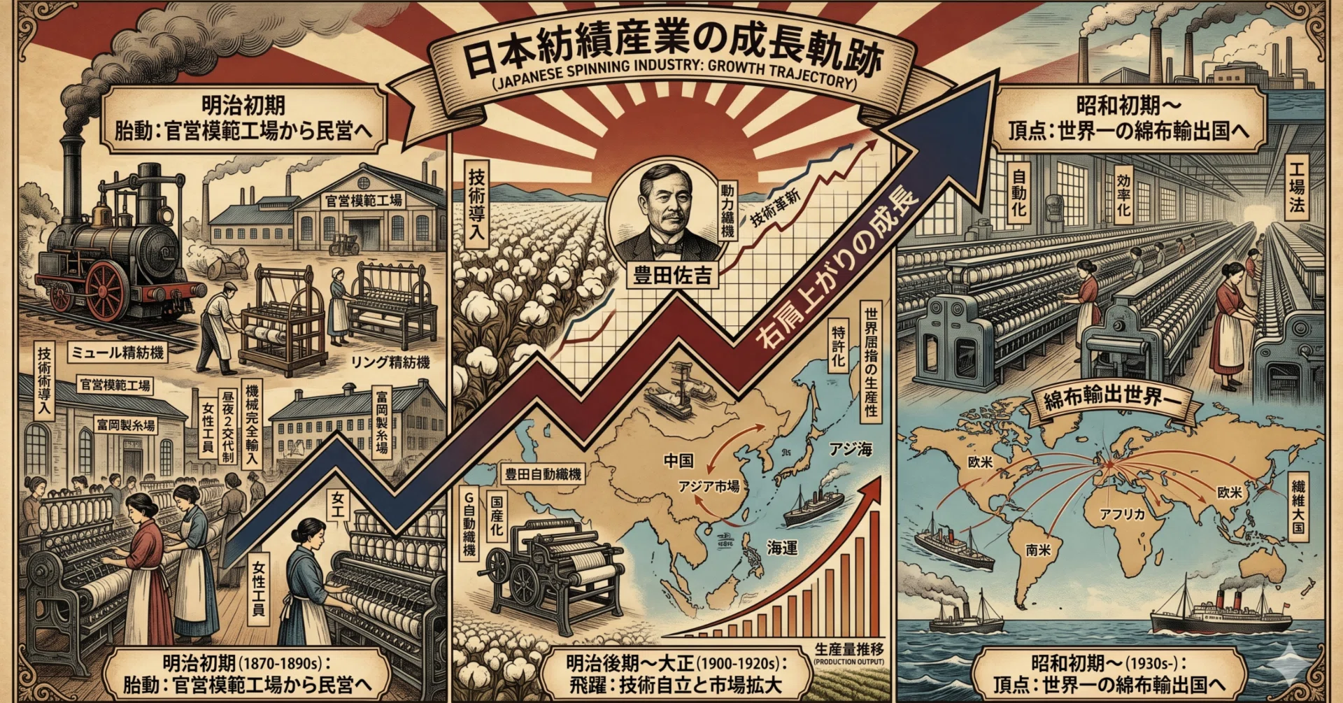 日本の紡績産業成長軌跡（gemini）｜しゅわっち