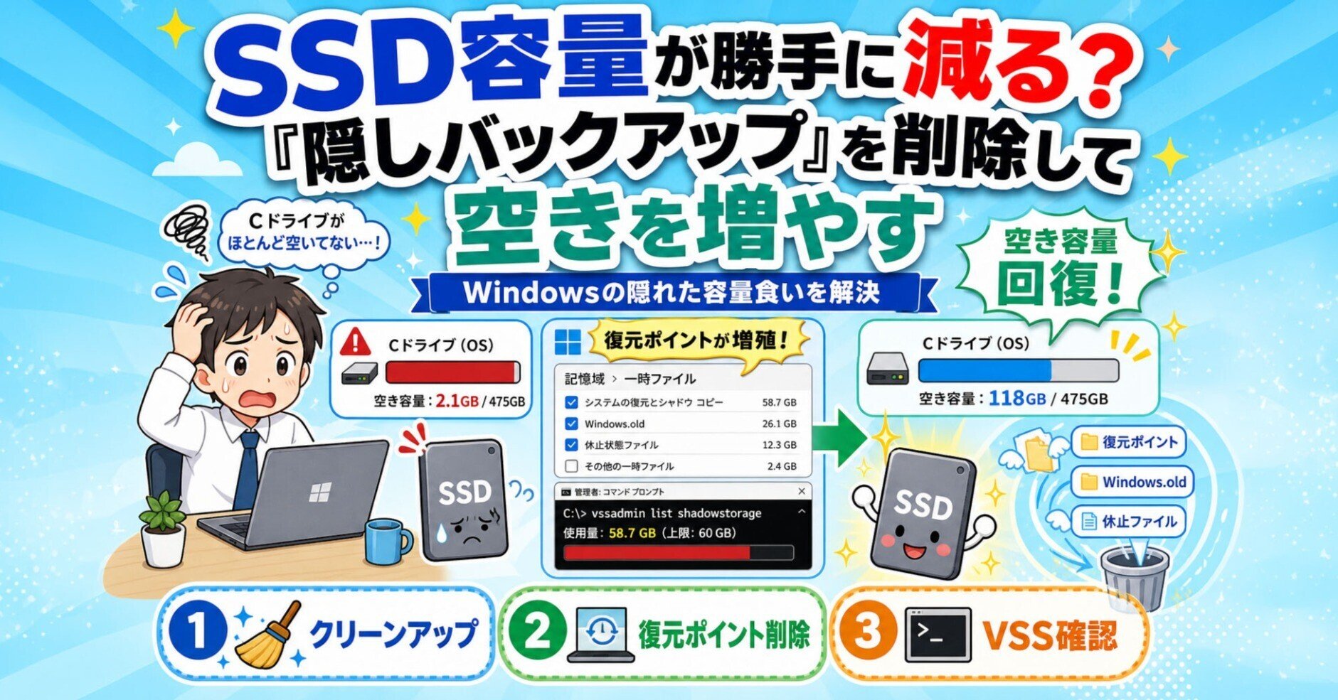 解決】SSD容量が勝手に減る？「隠しバックアップ」を削除して空きを