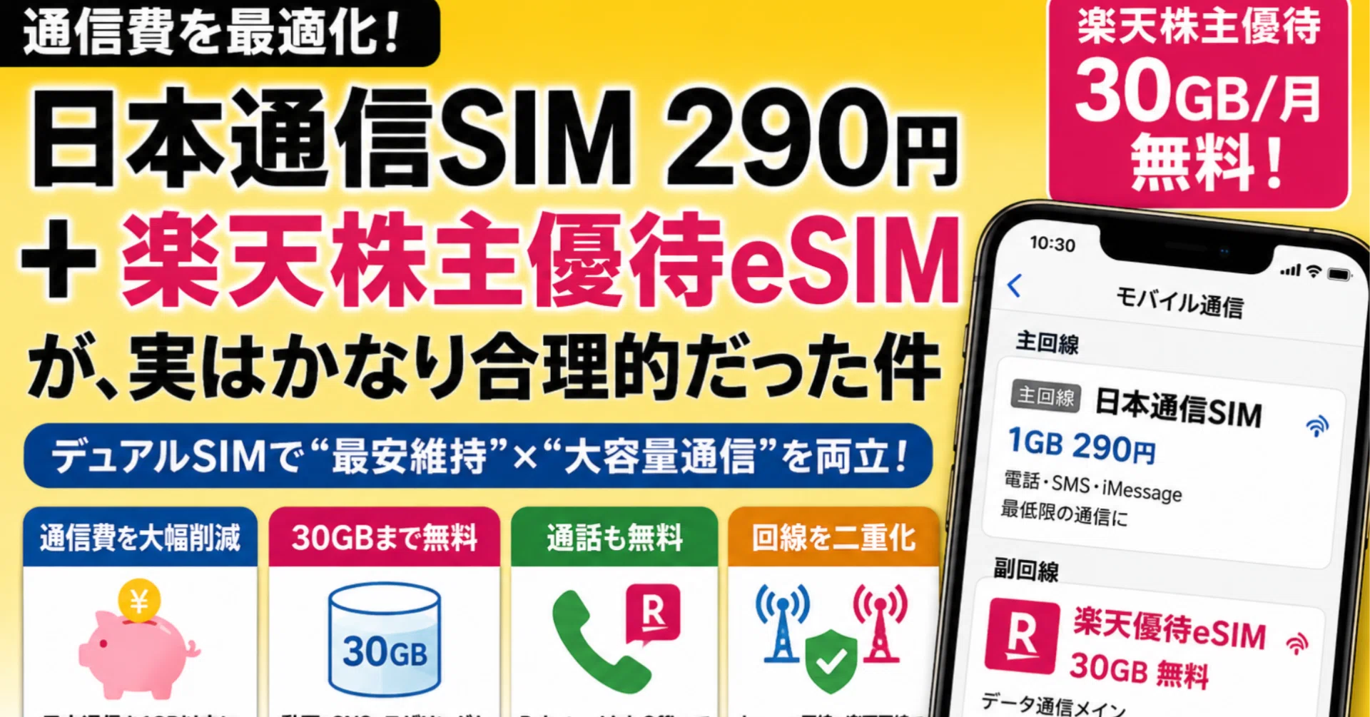 日本通信SIM 290円＋楽天株主優待eSIM」がよく考えるとかなり合理的 