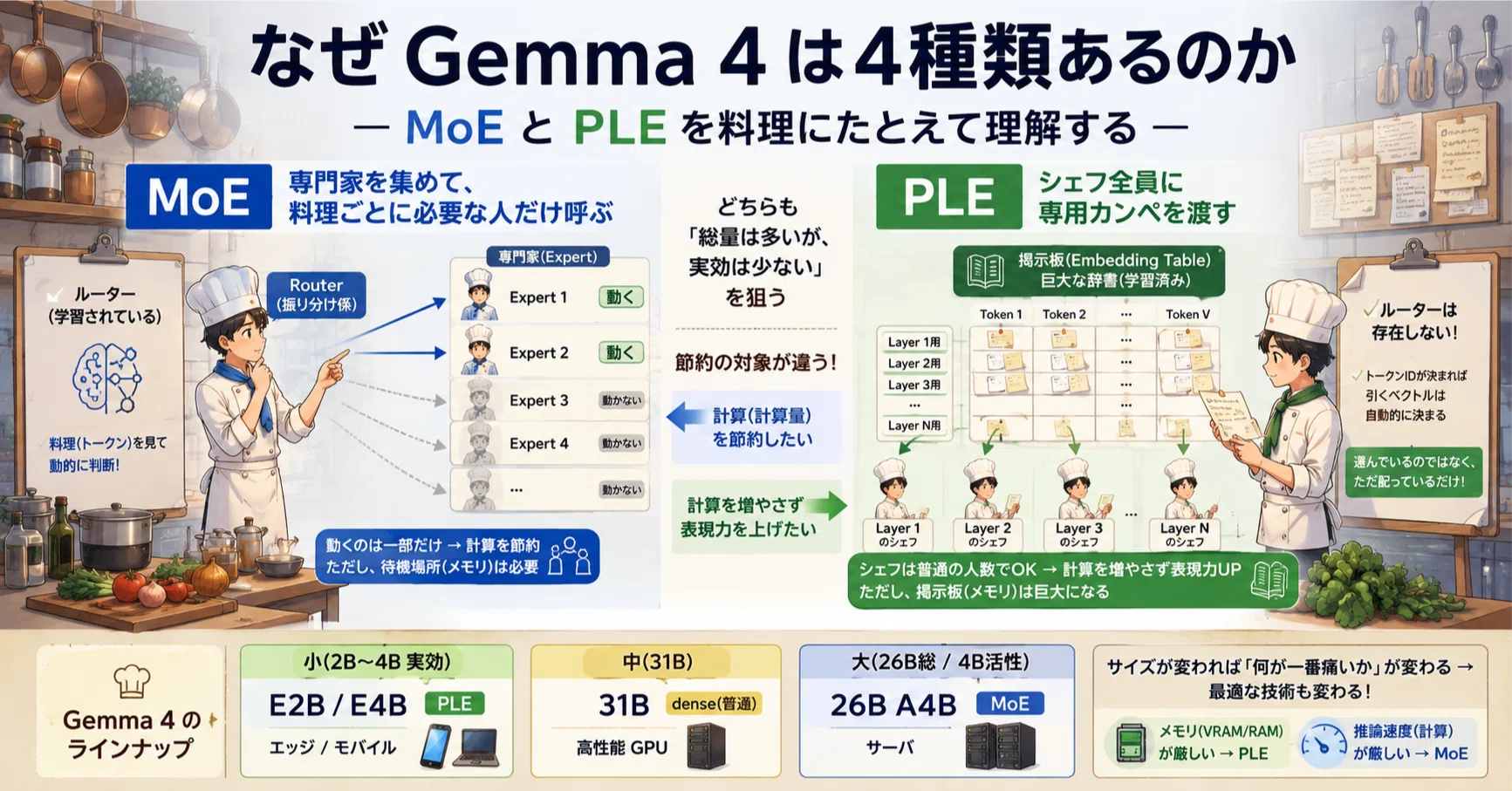 なぜGemma 4は4種類あるのか…MoE と PLEを料理にたとえて理解する｜ueponx