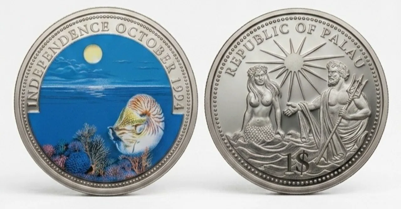 パラオ　１ドル　カラー　海洋生物保護 記念硬貨 5枚セット 魅惑のカラーコイン】1994年 パラオ独立記念 1ドル硬貨（オウムガイ