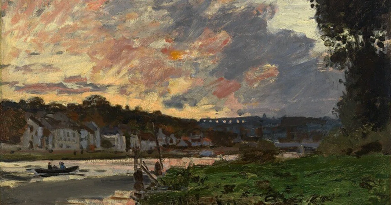 クロード・モネ、「ジュフォス、夕方の風景」、希少な画集より、新品高級額・額装付 モネ 夕暮れ 夕日 モネの作品 -