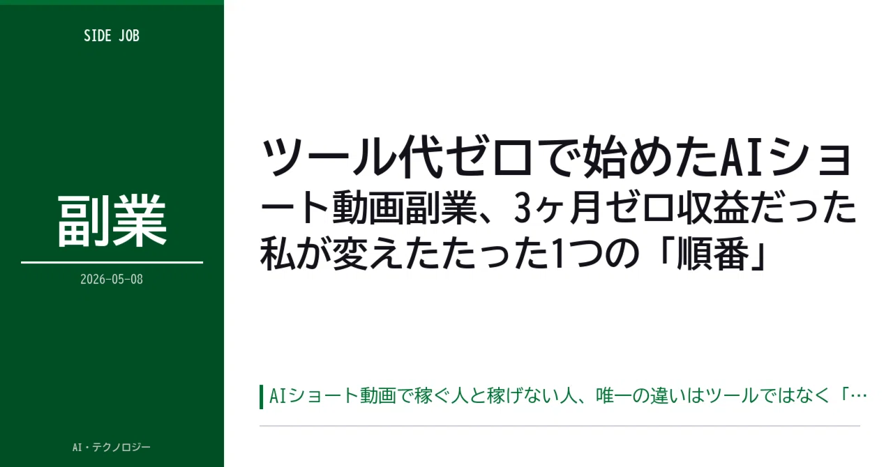 ツール代ゼロで始めたAIショート動画副業、3ヶ月ゼロ収益だった私が ツール代ゼロで始めたAIショート動画副業、3ヶ月ゼロ収益だった私が