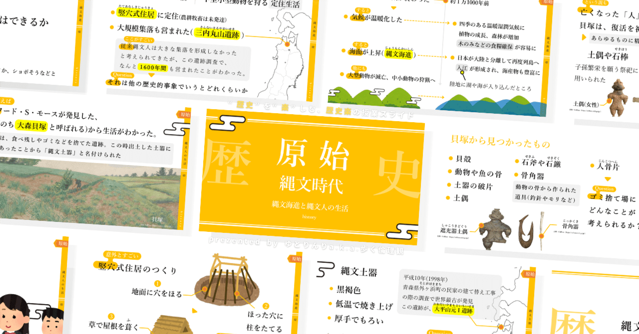 【中学歴史のスライド】「原始(縄文時代)縄文海進と縄文人の生活」の授業を楽しむための、授業パワポ【指導案】｜ゆとりんり