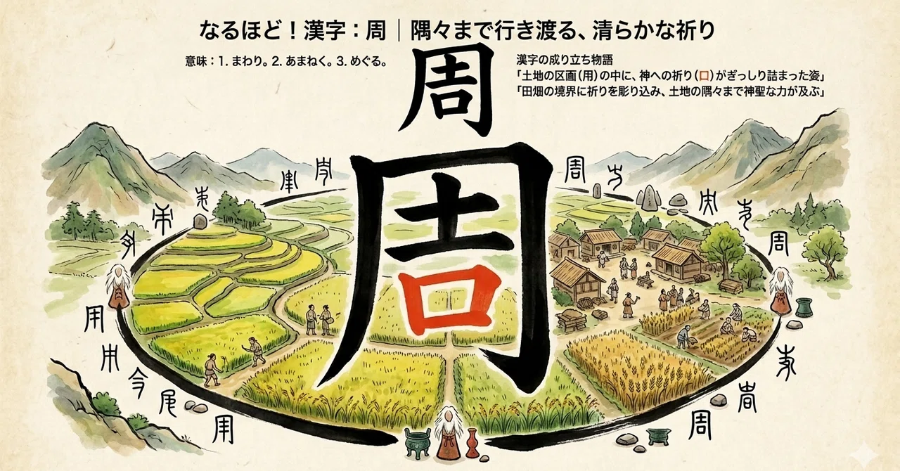 なるほど!漢字:周|隅々まで行き渡る、清らかな祈り |k0280
