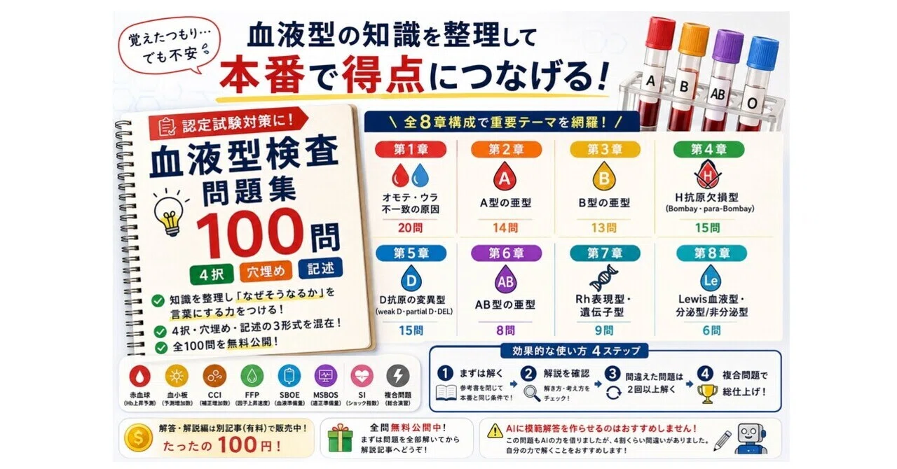 ABO亜型・H抗原欠損型・D変異型まで。輸血検査「血液型」問題集 100問