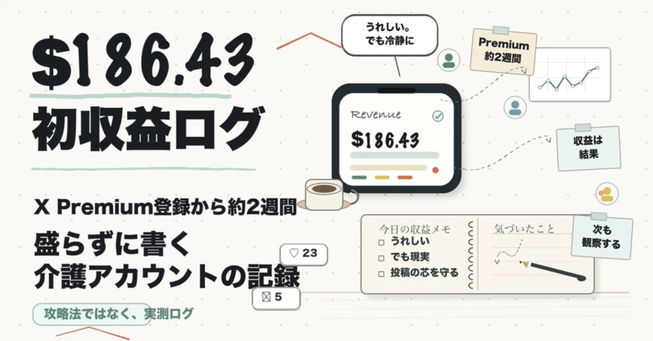 X Premiumに登録して約2週間。介護アカウントの初収益は$186.43でした