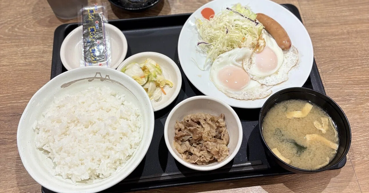 104「ソーセージエッグW定食(ミニ牛皿ご飯特盛)」【博打打ちアマジの