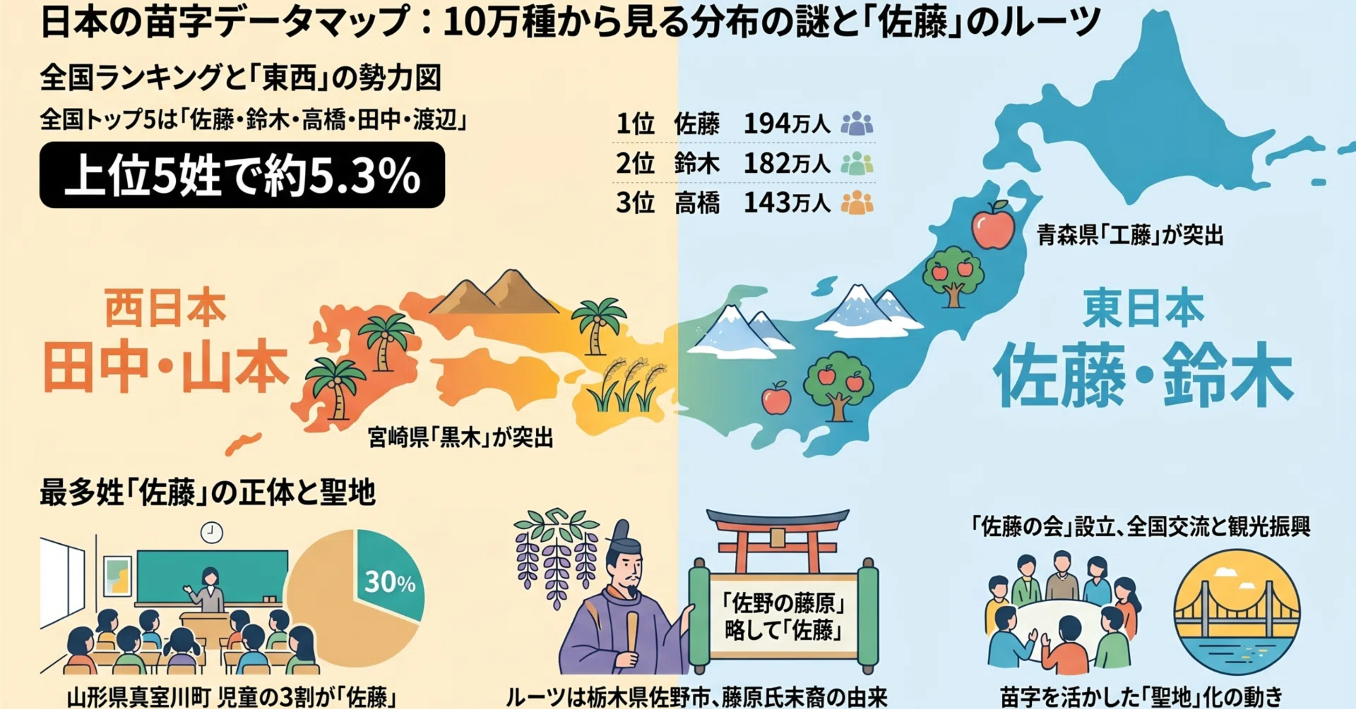 日本に10万種類？「佐藤・鈴木」の勢力図から見える、意外すぎる名字の