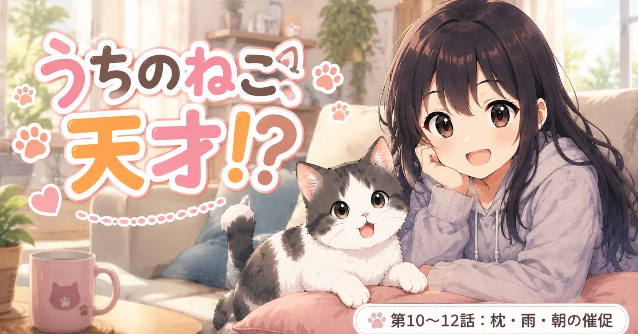 4コマ漫画「うちのねこ、天才!?」 第10〜12話：枕・雨・朝の催促｜メモ