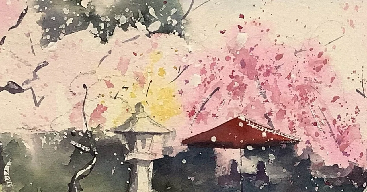 水墨画 ボタンと梅の寺の風景の絵 長谷寺の梅シリーズ[鎌倉 長谷寺]｜m_kino