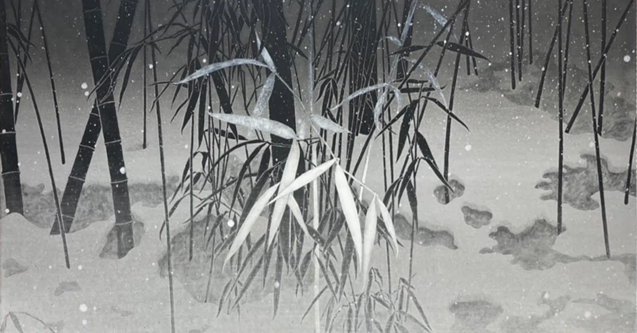 【真作】絵画　日本画8号　静寂の水辺　モノクロ風景画　冬の林影　C50 rectangle_large_type_2_c7f468d