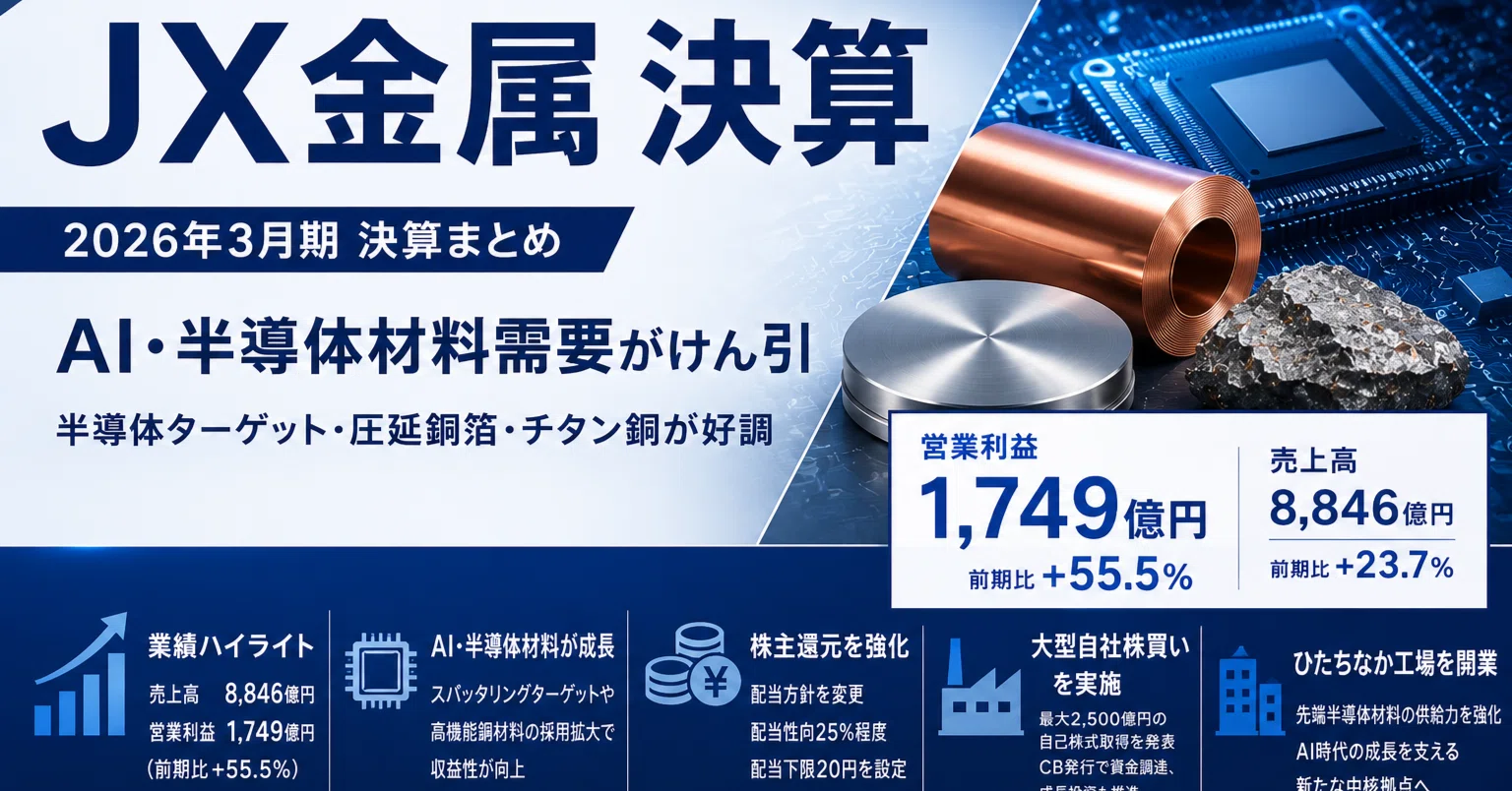 JX金属【決算まとめ】AI半導体材料が好調、営業利益55%増。大型自社株