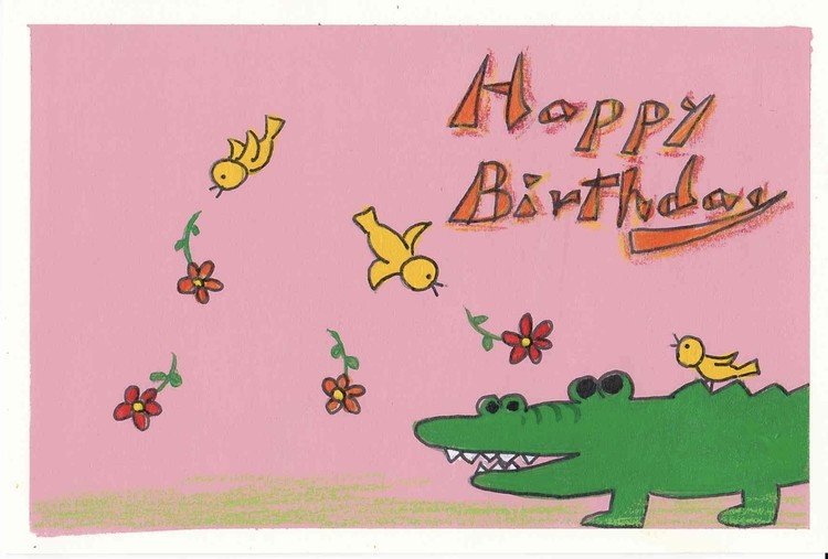 ワニ好きの友人への誕生日カード。アクリルとパステルで描きました。