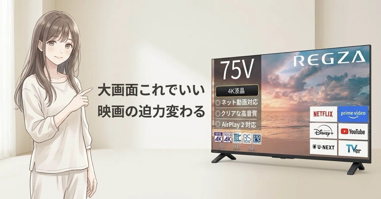 大画面で映画も動画も楽しめる｜REGZA 75E350R｜おうち便利グッズ研究所