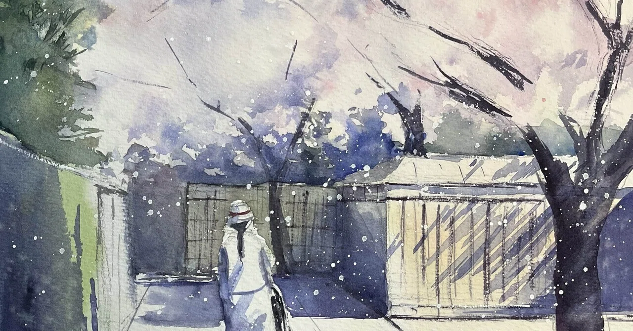 容音水彩画　桜吹雪の中の小鳥さん　値段は※900円です 辻説法通りの桜吹雪[鎌倉]｜m_kino