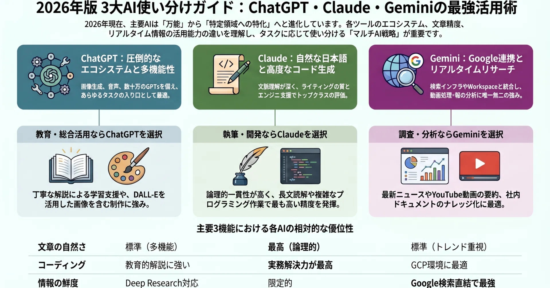 ChatGPT・Claude・Gemini比較｜差がつくAIの使い分け｜未来共創