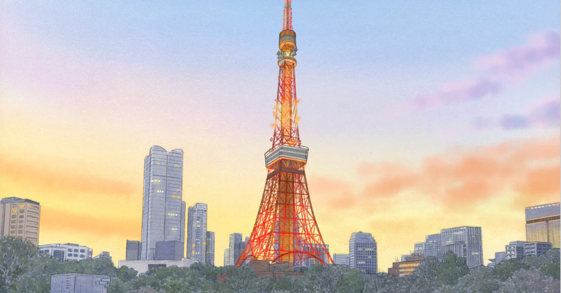 夕暮れの東京タワー 水彩風景画｜かんざきかりん