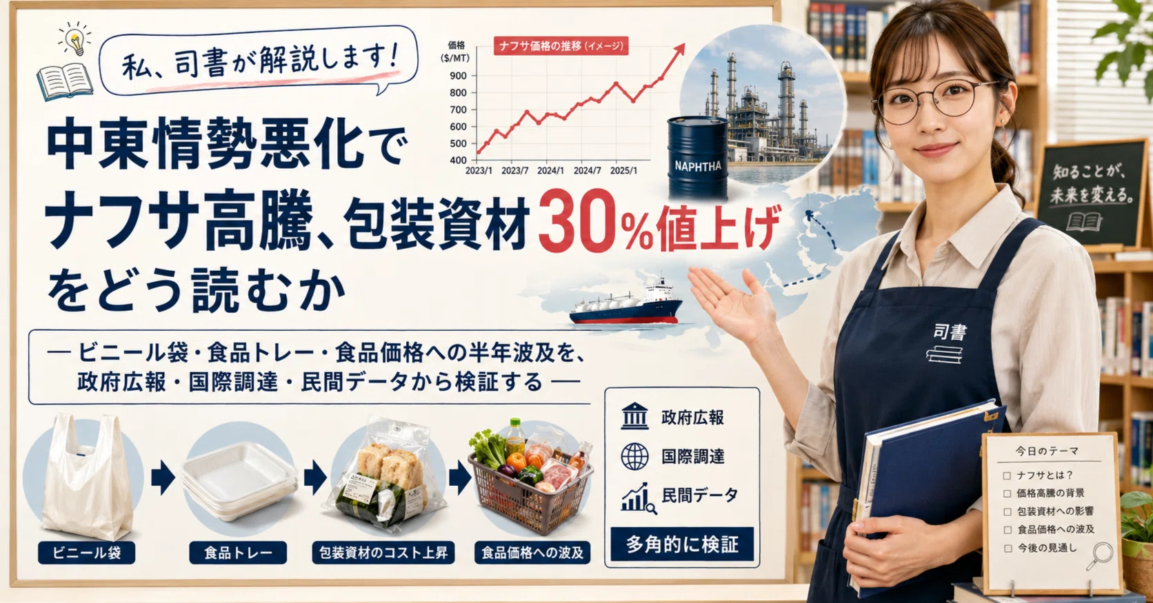 私、司書が解説します！ 中東情勢悪化でナフサ高騰、包装資材30