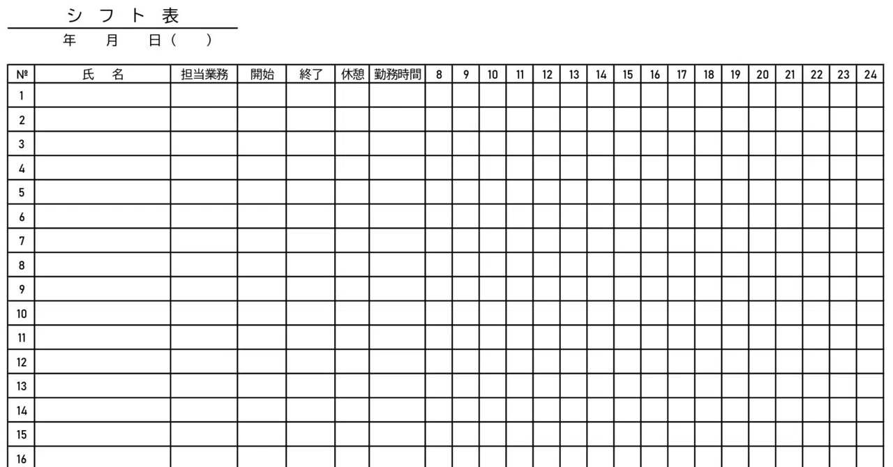 シフト表テンプレート!1日分の勤務時間や担当業務を管理できるExcel・PDF・JPGA4横型のアルバイト・パート雇用に|シムム